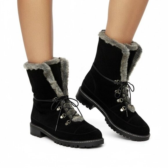Stuart Weitzman Shoes - Stuart Weitzman Luge Bootie SZ 9 Fur Lined Lace Up Black Suede Winter Flat Warm